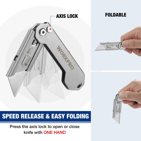 Two Pack EDC Folding Utility Knife With Quick Open Axis Lock Includes 10 Blades, showing blade deployment and axis lock mechanism
