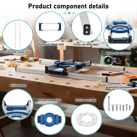 Pro Grade Slab Flattening Jig For Woodworking Routers, showing components like aluminum cross rails, router baseplate, and carriage.