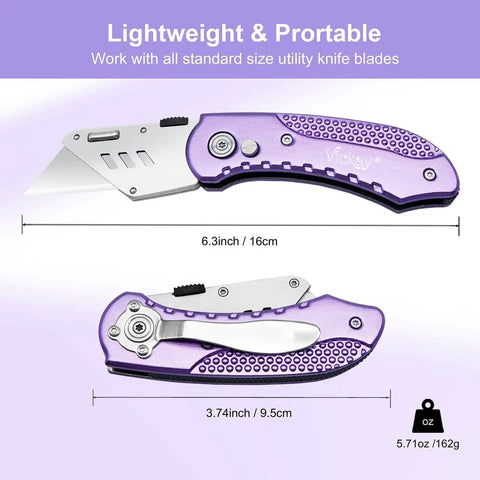 Folding Utility Knife With Quick Change SK5 Blades Axis Lock Aluminum Handle, open and folded views, purple aluminum body.