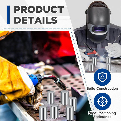 Ten Pack Welding Table Fixture Pins Five Eighths Inch By One Inch By One And A Half Inch Stop Alignment Square For Quick Setup Fixturing Kit And Essential Welding Table Accessories shown during use on welding table with welder.