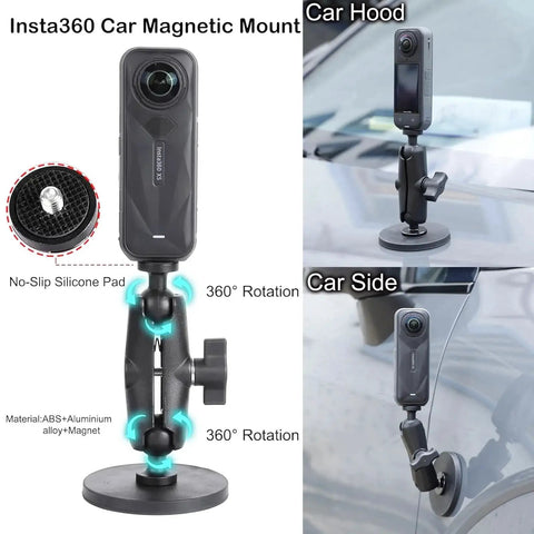 Insta360 car magnetic mount with 360-degree rotation, shown on car hood and side, featuring no-slip silicone pad and durable material.