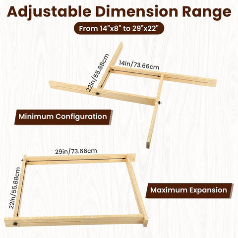Pro Grade Adjustable Juice Groove Router Jig with Precision Scale and Solid Wood Template Frame for Cutting Boards and Woodworking Creating Perfect Square Grooves Every Time, shown with minimum and maximum configurations.