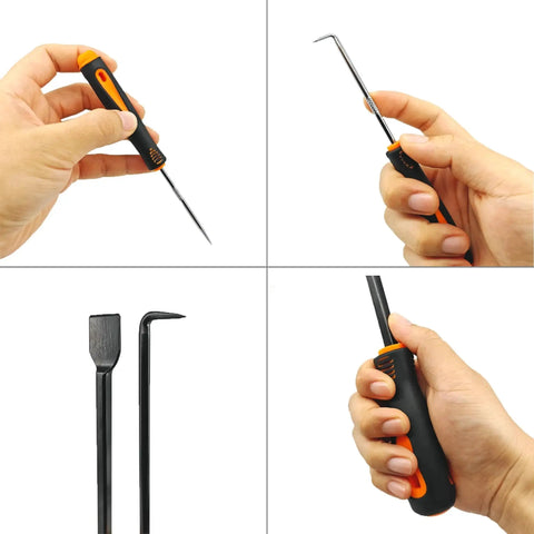 Hands holding 9 Piece Precision Hook And Pick Set With Scraper For Car And Home DIY Repairs, showing ergonomic grips and tool design.