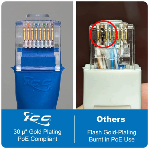 Comparison of durable gold-plated Cat6 Ethernet connectors; left shows 30 μ gold plating, right shows burnt flash gold-plating.