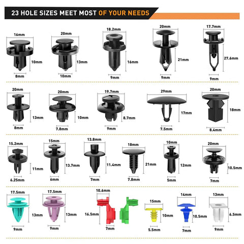 Must Have 725 Piece Car Push Retainer Clips And Auto Fasteners Kit With 23 Popular Sizes Nylon Bumper Fender Rivets Includes 10 Cable Ties And Remover For Toyota GM Ford Honda Chevy shown in various sizes and colors