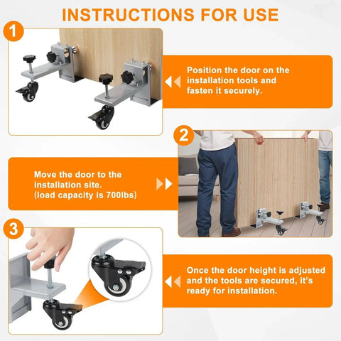 Instructions for Heavy Duty Door Lifter Dolly Twin Pack For Doors From One And Three Eighths Inches To Two And One Half Inches Prehung Slab Front Steel Doors Installation Tools For Commercial And Residential Use, showing usage steps and lifting capacity.