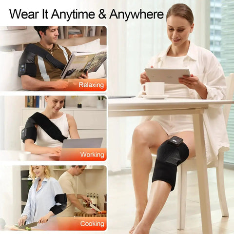 People using Cordless Knee Massager With Heat And Vibration, 5 Heating Levels And 3 Massage Modes, in different activities.