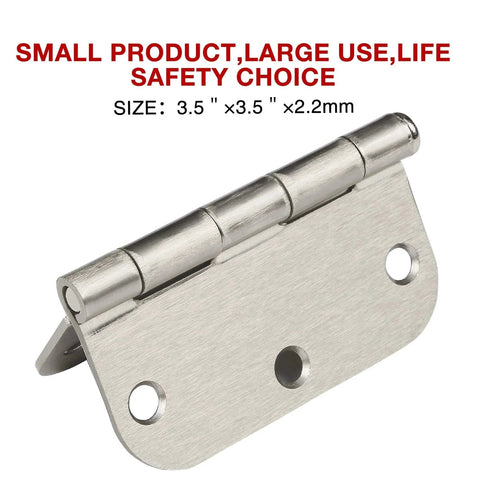Close-up of brushed nickel door hinge, 3.5x3.5 inches, part of 24 Pack Brushed Nickel Door Hinges Three And One Half Inch Interior Rounded.