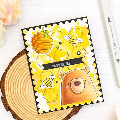 Card with scallop honeycomb cover, featuring bees and a bear, made with Two Sets Dotted Square Frame Dies For Card Making, Scallop Honeycomb Cover.