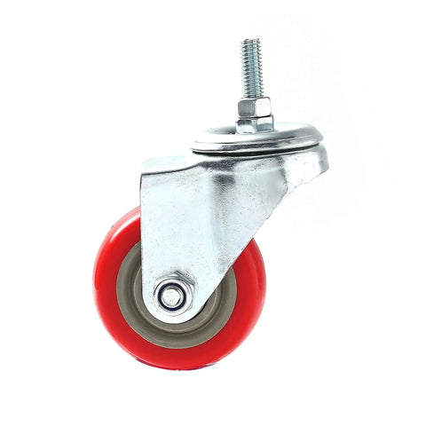 4 Pack Swivel Plate Stem Casters With Red Polyurethane Wheels, 3 Inch Wheel Diameter, 360 Degree Maneuverability, Side View