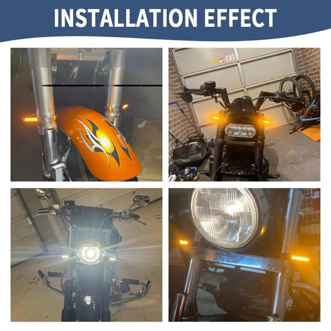 Installation of Universal 43 46mm Front Fork LED Turn Signals for Motorcycles 12V Amber Indicator Lights on various motorcycles.