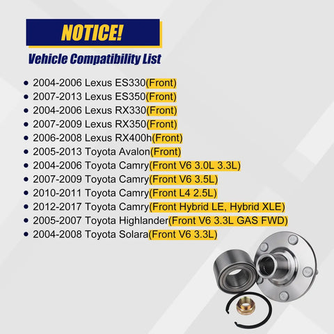 Front Wheel Bearing And Hub Assembly For 2004 2017 Toyota Avalon Camry Highlander Solara And Lexus Es Rx Vehicles 5 Lug Bolts