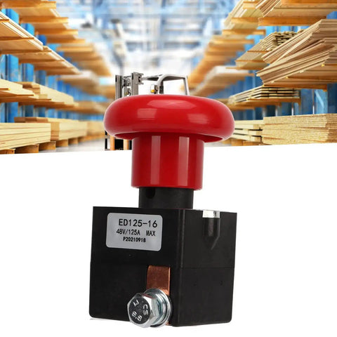 Emergency Stop Switch For Forklifts 48V 125A ED125-16 Heavy Duty Push Button with metal alloy in warehouse setting