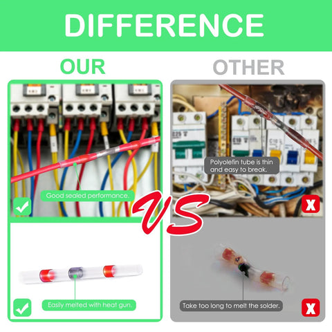 400pcs heat-shrink waterproof solder connectors kit for sealing wires; left shows neat joints, right shows thin tubing.
