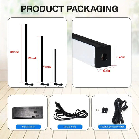 Product packaging showing sizes and items of Six Pcs Wood Slat LED Recessed Lighting Kit With Self Adhesive 3000K Warm White Light Easy Install Smart Switch And Adjustable Brightness For Cabinets And Kitchen Counters 2x36 2x24 2x16.