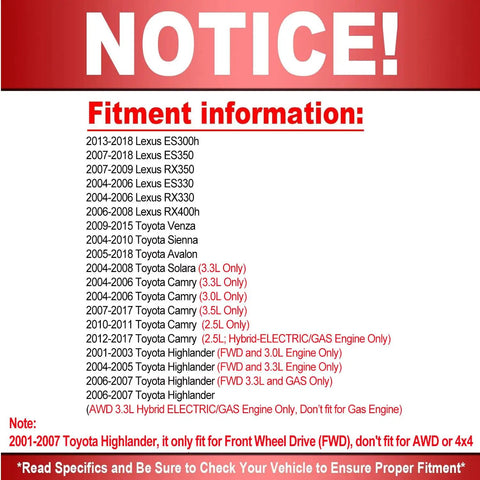 Fitment information notice for 2 Pack Front Wheel Bearing And Hub Assembly With 5 Lugs For Toyota Camry Avalon Sienna Venza Highlander ES300h ES350 Fits 2WD Models Noise Reducing Replacement