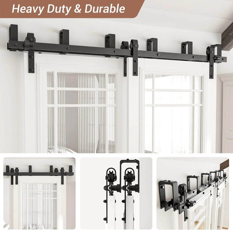 6Ft Double Track Bypass Sliding Barn Door Hardware Kit for Two Doors, heavy-duty steel, black powder coat, easy install.