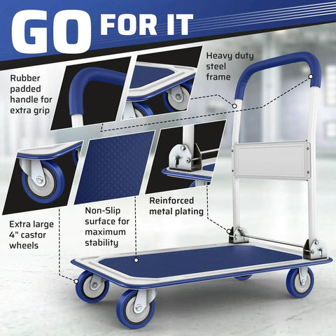 Heavy Duty Foldable Push Cart Dolly With 330 Lb Capacity Collapsible Hand Truck Folding Platform Swivel Wheels Flat Bed Moving Wagon