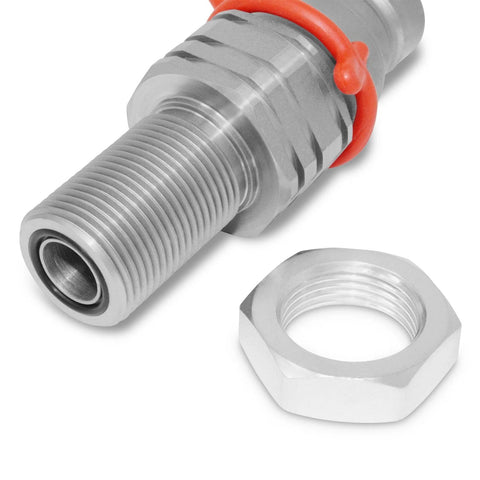 Hydraulic quick-connect coupler, 5/8 ORFS bulkhead skid-steer mount, silver metal with red safety ring