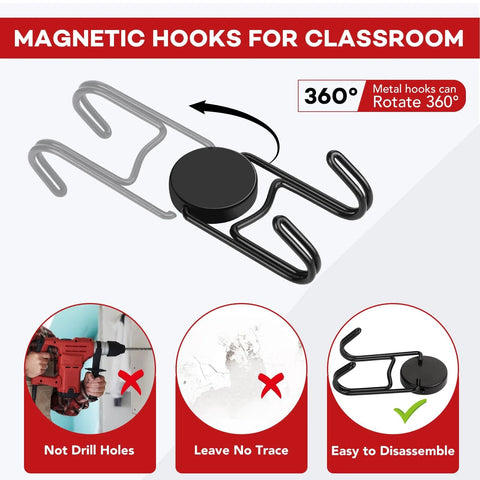 Heavy Duty Magnetic Hooks 50 Lbs Plus Set Of Four Swivel Hooks for classrooms, showing 360° rotation and easy disassembly.