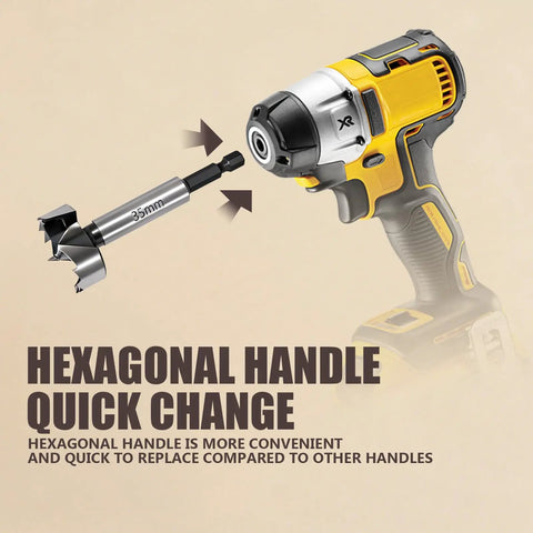 Cordless drill with 35mm Forstner bit and hexagonal handle for easy change. Eight Piece Forstner Drill Bit Set For Woodworking With Hex Shank For DIYers Includes Hinge Cutter Positioning Marker Plate And Three Limiters With Diameters One Quarter Inch Three Eighths Inch One Half Inch Five Eighths Inch Three Quarters Inch Seven.