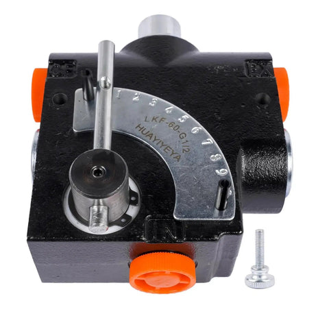 Top view of Hydraulic Adjustable Flow Control Valve With Relief For One Half Inch NPT, 30 GPM, 500 To 3000 PSI, adjustable lever and ports