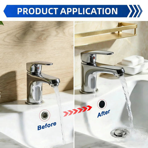 Bathroom sink showing before and after using 150 Piece Flexible Rubber Hole Plugs Kit In 9 Sizes For Round Holes Silicone Snap Locking Plugs.