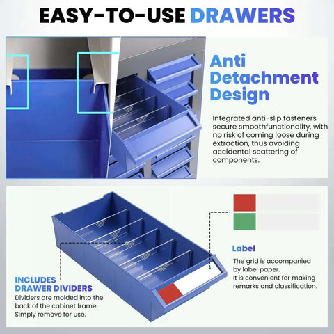 Close-up of blue drawer dividers in 40 Drawer Metal Organizer Cabinet For Garage And Workshop Tough As Nails With Alloy Steel Frame Durable ABS Drawers Keeps Nuts Bolts And Small Parts Neat And Accessible Ideal Tool Storage For Home Office And DIY Projects