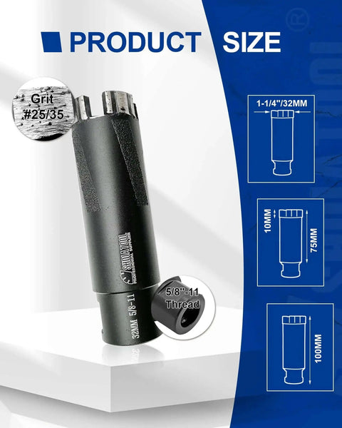 One And A Quarter Inch Diamond Core Drill Bit For Hard Stone And Concrete, 32mm Diameter, laser welded, side view