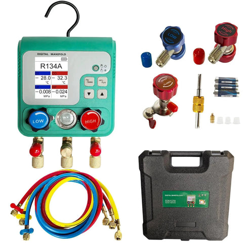 Professional Digital HVAC Manifold Gauge Set Vanlison With Dual Pressure Testing Vacuum Analysis Real Time EV CO Temperature Conversion 2.4 Inch HD Color Display Leak Detection 92 Refrigerant Types Compatibility For R134A R410A 1234YF HVAC Maintenance