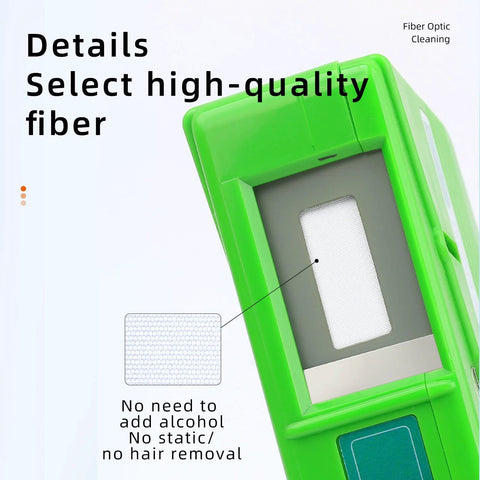 Green Cruiser fiber optic connector cleaner cassette, side view, white cleaning pad for FC/SC/ST/LC connectors.