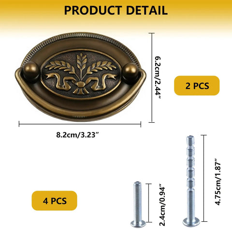 Vintage Oval Drop Swing Drawer Pulls in Antique Brass, Zinc Alloy Hardware with included screws, product dimensions shown