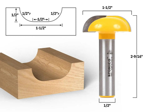 CNC Cabinet Door Raised Panel Router Bit 1-1/2 Inch Diameter, 1/2 Inch Shank, next to wood cutout demonstrating profile, 30 Degree Bevel
