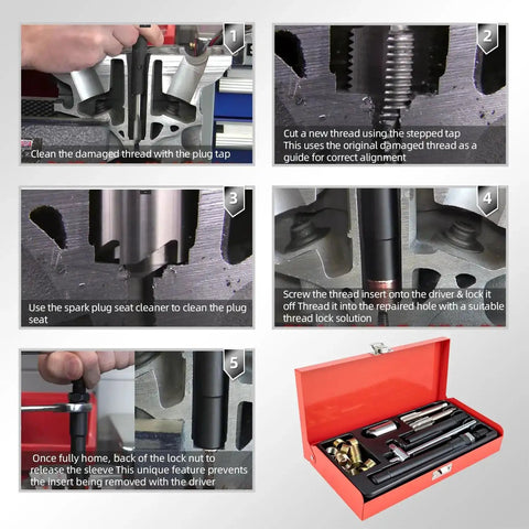 M14x1.25 Spark Plug Thread Repair Kit With 9.4mm And 15mm Inserts, 20 Pieces, Storage Case and step-by-step usage instructions