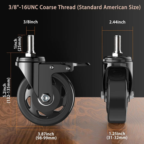 Side and front view of 4 Inch Stem Casters Set Of 4 Heavy Duty Swivel Castors with threaded stem specifications on wooden surface.