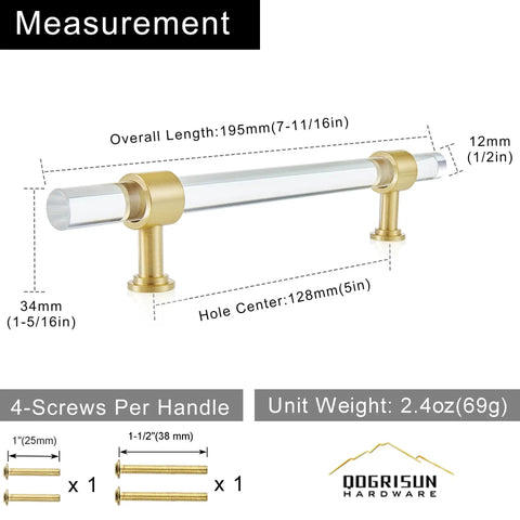 5 Pack Acrylic Cabinet Pulls With Brass Base Crystal Clear Glass Handles In Gold Finish For Modern Kitchens And Dressers, showing measurements