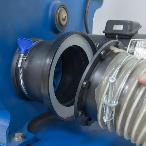 Magnetic Dust Collection Port System For 4 Inch Steel Ports With Built In Rubber Cuff Quick Connect attached to a machine.