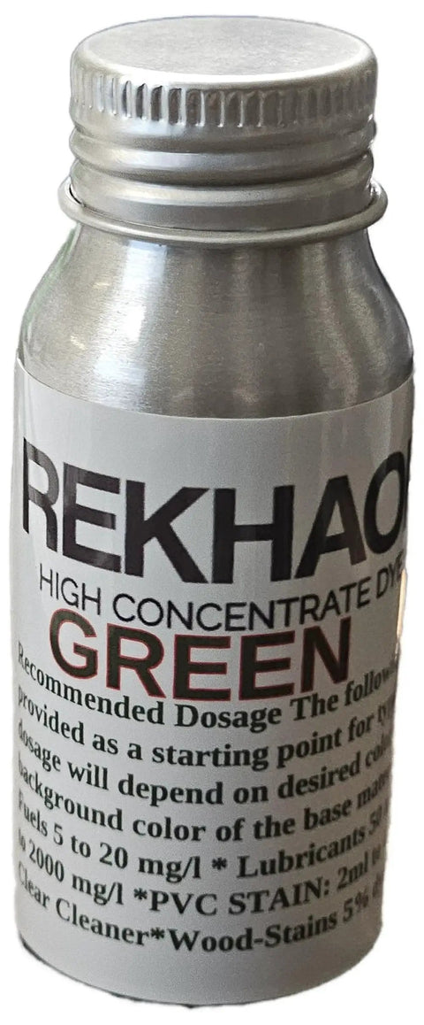 Green Petroleum Dye 1 Oz Bottle For Gasoline Diesel Fuels Lubricants And Fluids, front view of silver bottle with label text