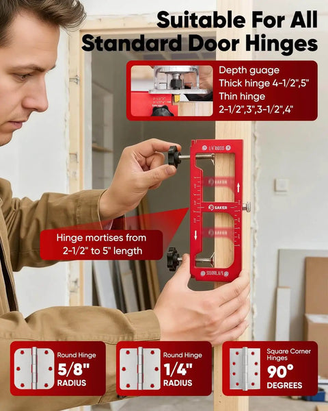 Person adjusting Adjustable Door Hinge Jig For Aluminum Alloy Doors Router Template Fits Hinges From Two And A Half To Five Inches In Length And Thickness Radius One Quarter Inch Or Five Eighths Inch Durable Jamb Hinge Jig For Precise Installations Easy Setup And on a door frame
