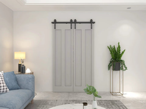Heavy Duty Bi-Fold Barn Door Hardware Kit For Four Doors With Side Mounted Rollers Smooth Quiet Sliding Installed Example