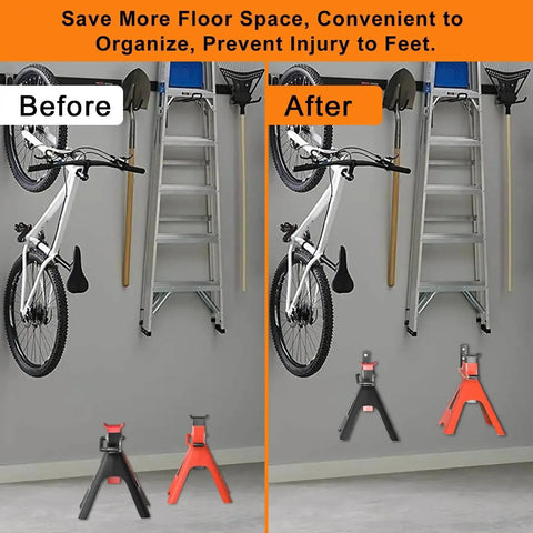 Jack Stands Wall Mount Organizer For Heavy Duty Garage Hooks Fits 2 To 6 Ton shown in before and after use in garage