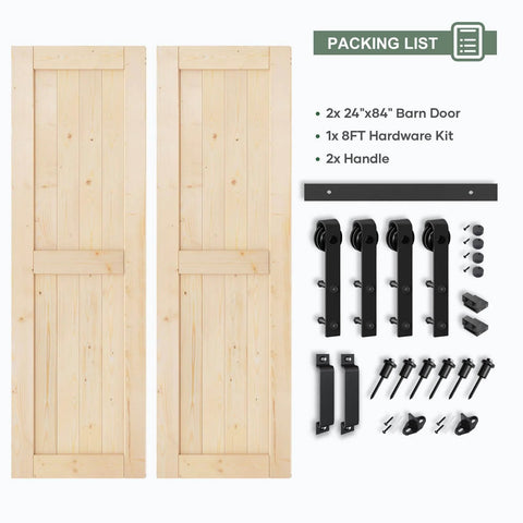 Double Sliding Barn Door Slab Kit 48x84 Inches Total with Spruce Solid Wood, includes 8ft hardware track and handles, laid out