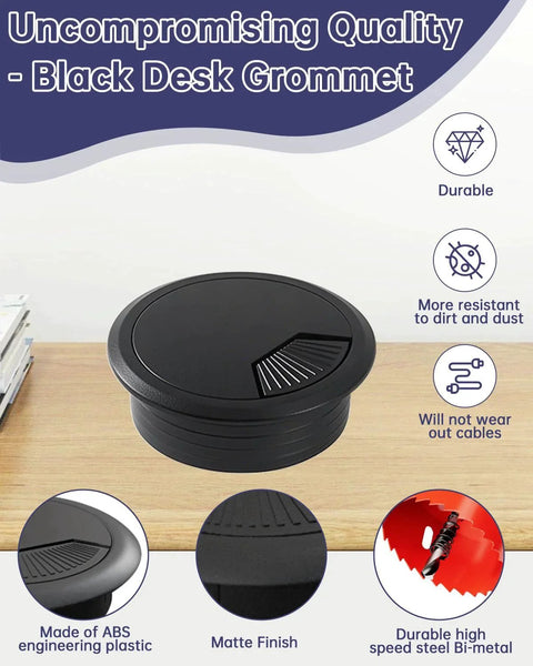 Black desk grommet on wooden surface with focus on design and features, part of 2 Inch Desk Grommet And Cable Grommet Kit Black 10 Pack
