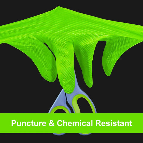 Green Nitrile Mechanic Gloves 8 Mil Heavy Duty Raised Diamond Grip Latex Free stretched over scissors