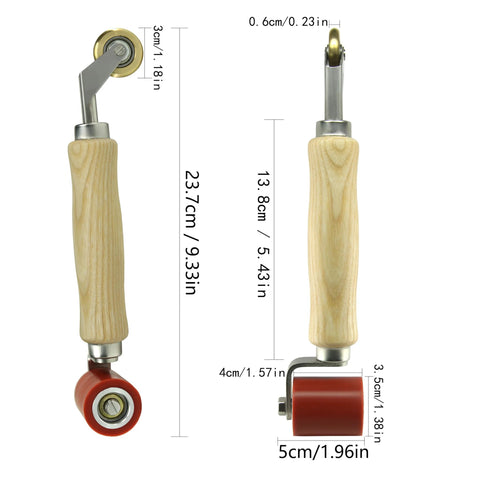 Welding Handheld Roller with wooden handle and red wheel; 40mm silicone seam roller with 6mm brass detail.