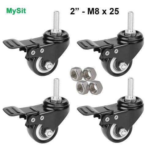 Set Of 4 Stem Casters M8x25 With Double Locking Brake, 2 Inch Heavy Duty PU Rubber Swivel Caster Wheels For Shopping Trolleys