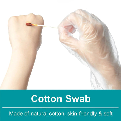 Cotton swab used on hand with plastic glove, part of 160 Piece First Aid Kit Refill Set For Home, Travel, And Work With Instant Cold Pack.