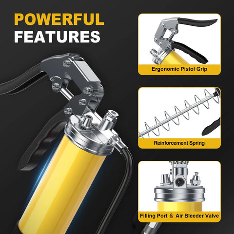 Fantictas grease gun kit with yellow body, ergonomic pistol grip, and hose; includes spring and fill/bleed valves.