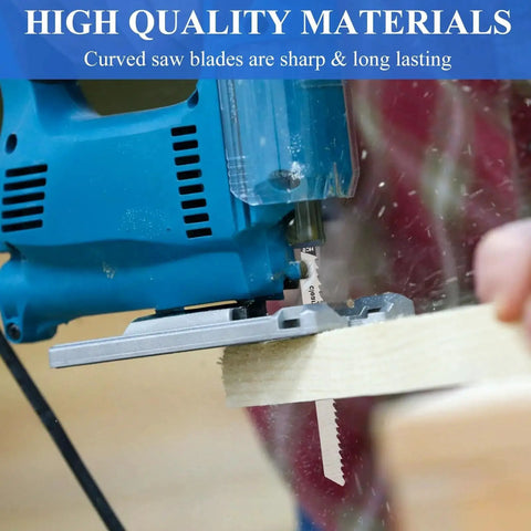 Blue jigsaw cutting wood with 10 Piece Jigsaw Blades Set With T Shank For Wood Metal And Plastic Cutting