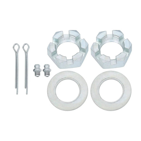 Front view trailer axle hardware kit, silver metal; two star-shaped nuts, two flat washers, two bolts, two cotter pins